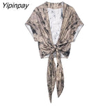 Yipinpay Fashion 2023 Spring Summer Printed Blouse Pants Sets Casual Short Sleeve Soft Bow Shirts Bow Wide Leg Pants Outwear