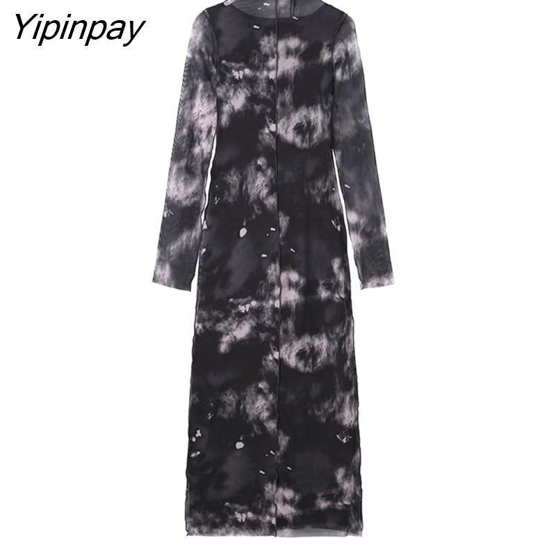 Yipinpay New Fashion Women Tulle Dresses 2023 Elegant Party Sheath Mid-Calf Slim Dress Long Sleeve Turtleneck Vestidos
