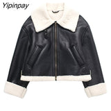 Yipinpay Women Winter Faux Fur Fleece Coat 2023 Fashion Thicken Fur All-in-One Zip Overcoat Locomotive Lapel Warm Outwear