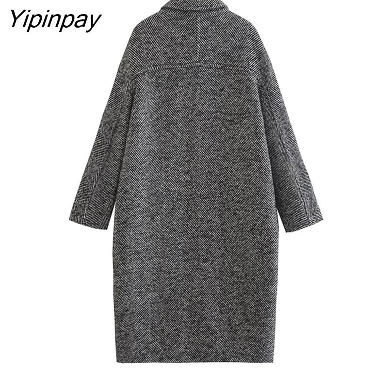 Yipinpay 2023 Gray Women Winter Classic Woolen Overcoat Warm Long Sleeved Single Breasted Coat Ladies Fashion Notched Streetwear