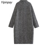 Yipinpay 2023 Gray Women Winter Classic Woolen Overcoat Warm Long Sleeved Single Breasted Coat Ladies Fashion Notched Streetwear