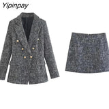 Yipinpay 2023 Women Office Lady Blazer Skirts Sets Autumn Winter Elegant Female Double Breasted Jackets Mini Skirt Long Sleeve Tops