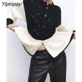 Yipinpay 2023 Women Patchwork Knitted Sweater Autumn Winter Thick Long Sleeve O-neck Pullover Simple Vintage Causal Warm Tops