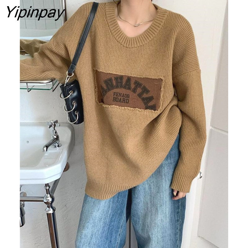 Yipinpay Oversized Women Tops Autumn Winter Casual Thick Letter Pullover Sweaters Women Long Sleeve Warm O-neck Women Sweater