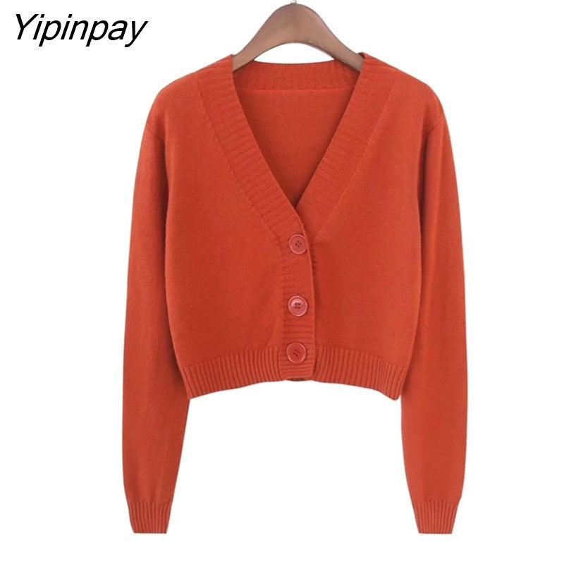 Yipinpay Summer Knitted Crop Cardigan Women Korean Short Sweater Long sleeve V neck Green Blue
