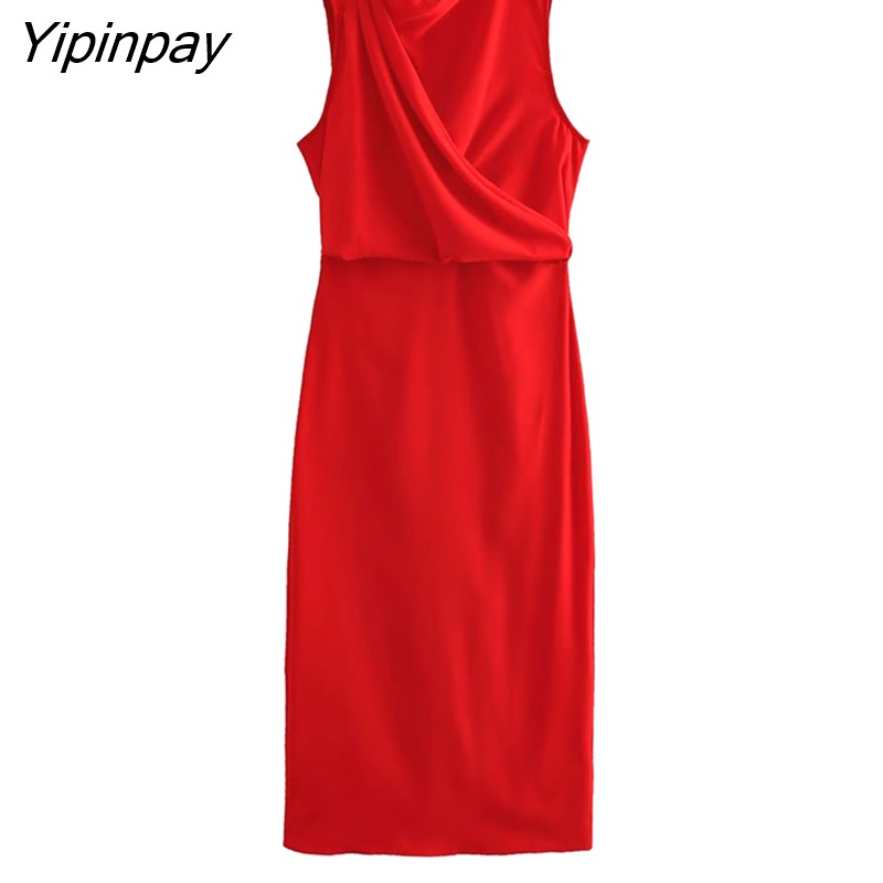 Yipinpay Elegant Women Solid Folds Mid-Calf Dresses 2023 Summer Fashion O-neck Sleeveless Dress Back Zipper Straght Vestidos