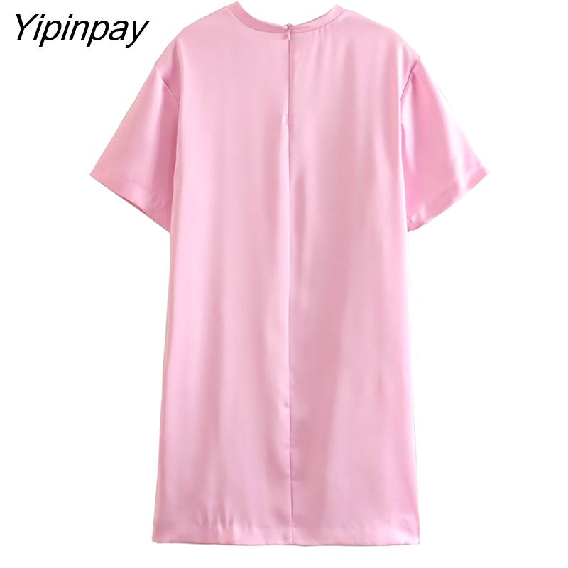 Yipinpay Elegant Women Silk Soft Dresses 2023 New Summer O-neck Sexy Mini Dresses Short Sleev Sheath Folds Vestidos