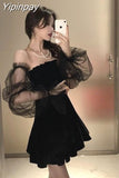Yipinpay 2023 Black Retro Dress Women Lace Chiffon Mini Dress Female High Street Sexy Korean Fashion Dress Women Club Dress