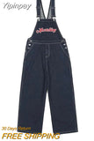 Yipinpay Embroidery Denim Overalls Women Vintage Jean Jumpsuits New High Street Loose Straight Wide Leg Pants
