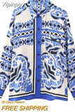 Yipinpay Blue Print Satin Shirt Woman Long Sleeve Top Female Vintage Button Up Shirt Women Casual Loose Summer Blouses Woman 2023
