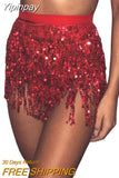Yipinpay Women Sexy Belly Skirt, Sequined Fringe Miniskirt with Adjustable Waist Straps, Mini Skirt for Dance Performance, Rave Party