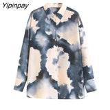 Yipinpay 2023 Fashion Women Tie-Dye Printed Skirts Sets Summer Turn Down Collar Shirts Top Side Mid-Calf Casual Skirts
