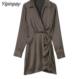 Yipinpay Elegant Women Solid Mini Dresses 2023 Spring Autumn Fashion Turn Down Collar Causal Dress A-line Long Sleeve Vestidos