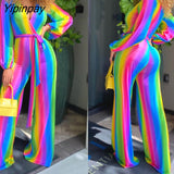 Yipinpay Women Elegant Rainbow Pattern with Belt Straight Deep V Neck Jumpsuit Sexy Jumpsuit