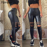 Yipinpay Women Casual High waist Zipper PU leather Pothole Skinny Pencil Pants