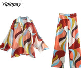 Yipinpay Women Geometric Print Pant Shirt Sets 2023 New Summer Fashion Single Breasted Blouse+Wide Leg Pants Causal Outwear