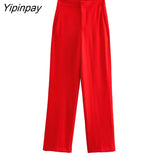 Yipinpay 2023 Spring Office Lady Red Blazer Suits Sets Women Fashion Double Breasted Jacket Solid High Waiste Zipper Straight Pants