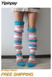 Yipinpay Knitted Stockings Adults Women Autumn Winter Leisure Style Mixed Color Stripes Knee-High Socks Long Stockings Fashion