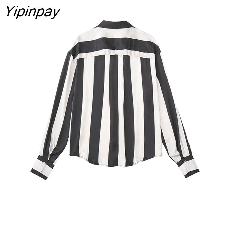 Yipinpay Fashion 2023 Autumn Women Striped Print Blouses Casual Loose Thin Tops Vintage Single Breasted Long Sleeve T-Shirts