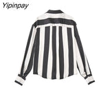 Yipinpay Fashion 2023 Autumn Women Striped Print Blouses Casual Loose Thin Tops Vintage Single Breasted Long Sleeve T-Shirts