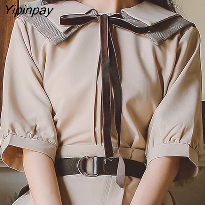 Yipinpay Sweet Women Blouses Vintage Preppy Style Sweet Lace Up Bow Turn-down Collar Solid Female Tops HOT
