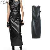 Yipinpay Elegant Women Faux-leather Dresses 2023 Autumn Fashion PU Solid Vestidos Asymmetrical Sleeveless Backless Pullover Dress