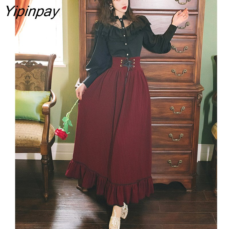 Yipinpay Two Piece Set Women High Quality Outfits Black Long Sleeve Blouse Top + Skirt Suit Female