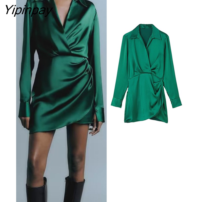 Yipinpay Elegant Women Solid Mini Dresses 2023 Spring Autumn Fashion Turn Down Collar Causal Dress A-line Long Sleeve Vestidos