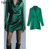 Yipinpay Elegant Women Solid Mini Dresses 2023 Spring Autumn Fashion Turn Down Collar Causal Dress A-line Long Sleeve Vestidos