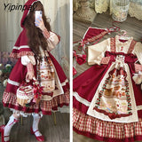 Yipinpay Sweet Girl Lolita Set Women Dress Patchwork Red Dress with Cloak Cute Female Kawaii Cosplay Japanese Dress