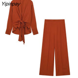 Yipinpay Women Bow Blouse Pants Sets 2023 Casual Solid Long Sleeve Loose V-neck Shirt Tops Elastic Waist Wide Leg Pants Outwear