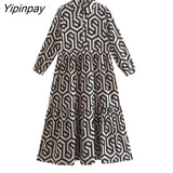 Yipinpay New Women Summer Print Dress Vintage Female Party Mid-Calf Geometric Loose Vestidos Half Sleeve High Waist Vestidos Mujer