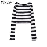 Yipinpay Women Striped Knitted Tops+Mid-Calf Sheath Skirts Sets 2023 Spring Autumn 2 Pcs Elegant Long Sleeve Casual O-neck Sweater