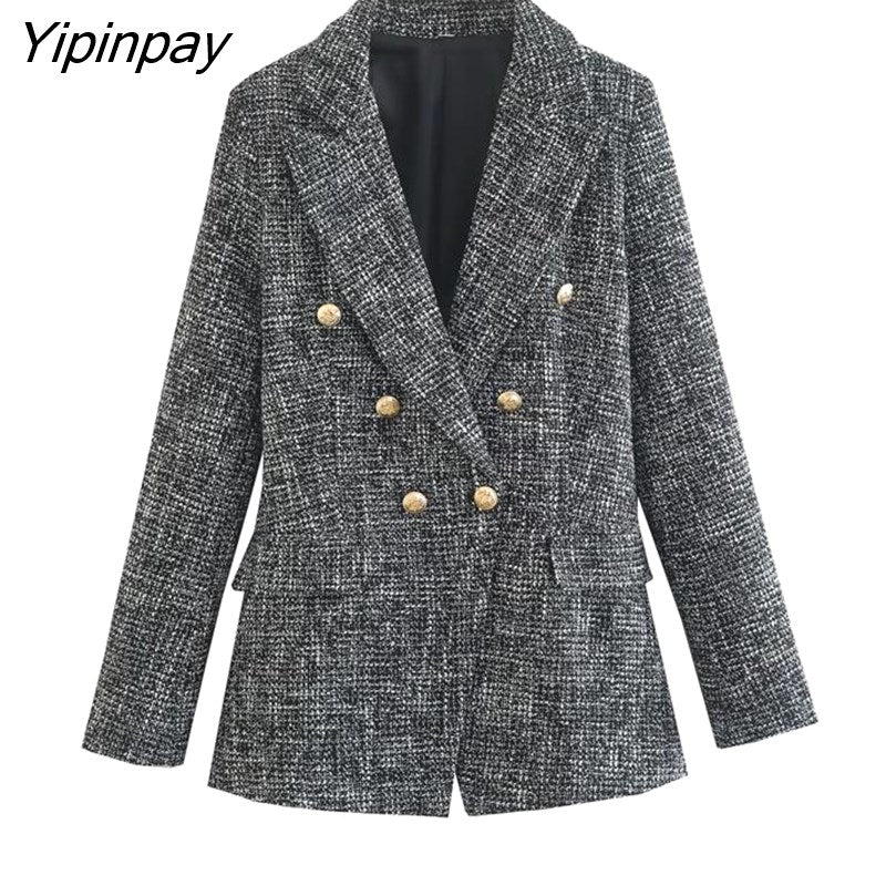 Yipinpay Spring Autumn Women Jacket Coat 2023 Fashion Double Breasted Tweed OL Blazer Vintage Long Sleeve Female Outerwear Chic Top