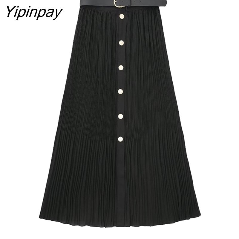 Yipinpay 2023 Women Folds Skirts With Belt Spring Autumn High Waist Front Single Breasted Skirt Female Zipper Midi A-line Skirt