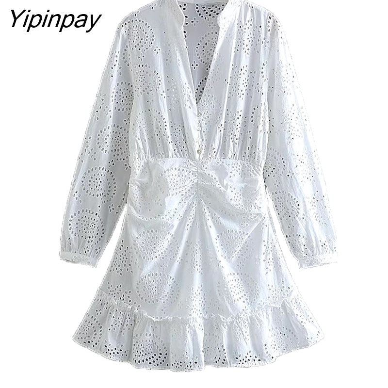 Yipinpay 2023 Summer Women Embroidery Dresses Fashion Hollow Out Long Sleeve V-neck Dresses Single Breasted Fashion A-line Vestidos