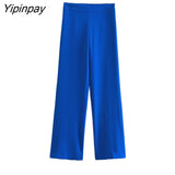 Yipinpay Fashion Spring Women Blue Blazer Suits Sets 2023 New Single Button Office Lady Jackets High Waisted Wide Leg Pants