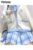 Yipinpay Sweet Women Hoodies Loose Hooded Sailor collar Cute Lace patchwork female Zip up hoodies 2023 NEW