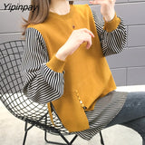 Yipinpay Oversized Crop Top Mujer Long Sleeve Striped Splice Knitted Sweater Casual Pullover Women Harajuk Black Red Yellow