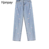 Yipinpay Blue Love Embroidery Wide Leg Jeans Woman Loose High Waist Loose Casual Straight Women Jeans Pants