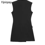 Yipinpay Office Ladies Mini Blazer Dresses Elegant Black Notched Folds Dresses Vintage Causal Long Sleeve Party Vestidos 2023 Autumn