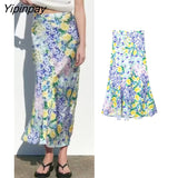 Yipinpay New Women's Floral Printed Midi Skirt 2023 Summer Female High Waist Chic A-line Dress Vintage Beach Style Mid-Calf Skirt