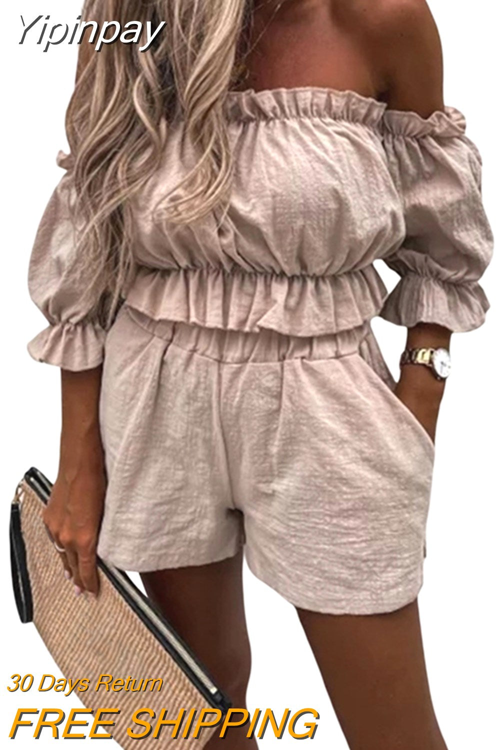 Yipinpay Two-Pieces Top and Shorts Suits Summer Beach Suits Women Casual Off-Shoulder Short Sleeve Crops Tops High Waist Shorts