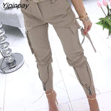 Yipinpay Women Solid Pocket Zipper Design Tied Cuff Cargo Pants Casual Pants Fashion Pants