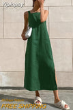 Yipinpay Green Tank Dresses Summer Cotton Linen Sleeveless Straight Split Dress 2023 All-Match Midi Dress Vacation Style Lady