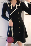 Yipinpay V Neck Long Sleeve Knitted Party Dress women Autumn Korean French Vintage Vestidos Elegantes Pullover Robe Chemise Femme