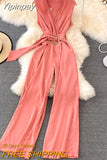 Yipinpay Women Wide Leg Pants Jumpsuit Sleeveless Sashes Casual High Waist Overalls Office Ladies Elegant Playsuits Plain 2023