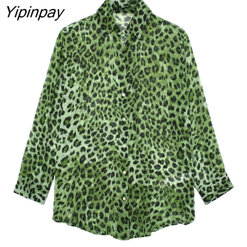 Yipinpay Women Leopard Print Blouses Shirt 2023 Summer Causal Long Sleeve Tops Vintage Turn Down Collar Single Breasted T-Shirts
