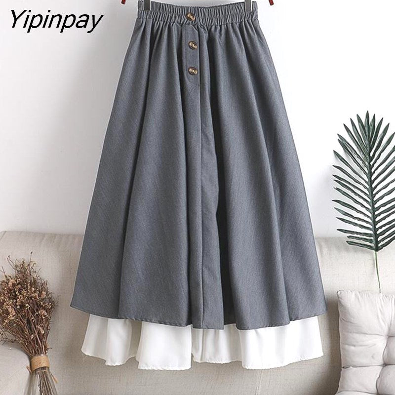 Yipinpay Spring Summer Women Skirt Oversize Korean Style A-line Patchwork Long Skirts High Waist Female Skirts Double Layer Ruffle