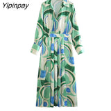 Yipinpay Elegant Summer Women Printed Mid-Calf Dresses 2023 Fashion Ladies Turn Down Collar Party Dress A-line Long Sleeve Vestidos